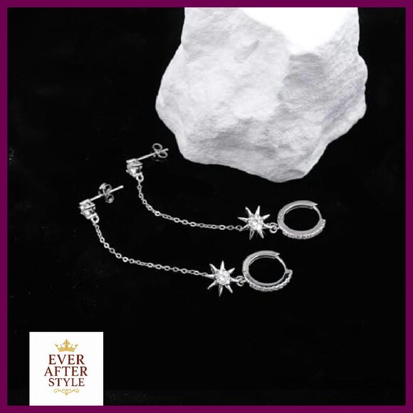 Sterling Silver Double Piercing Chain Earrings Elegant Layered Dangle Studs - Picture 3 of 8